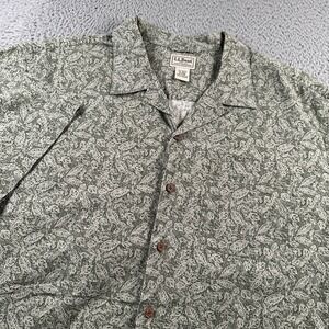 LLBean Camp Shirt Mens XL Short Sleeve Button Front Leaf Print Green Cotton